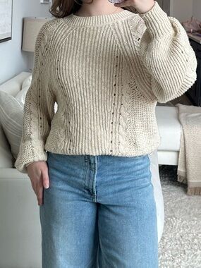 American Eagle Outfitters Cream Cable Knit Scoopneck Sweater